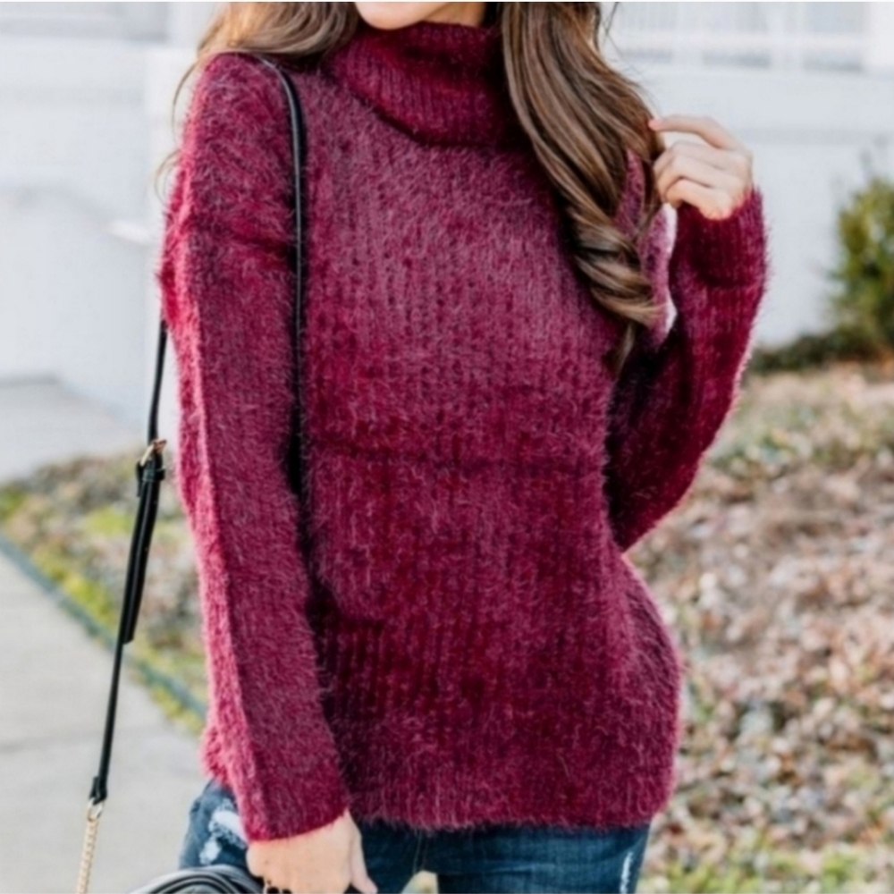 Vici Fate Madison Burgundy Turtleneck Fuzzy Eyelash Ribbed Knit Sweater